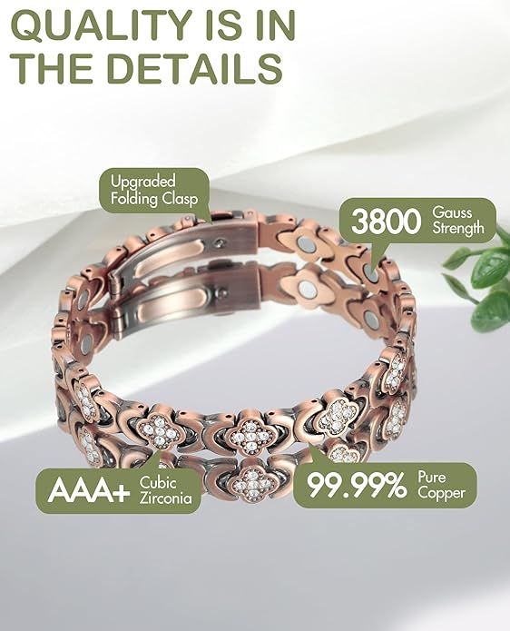 Diystar® Magnetic Copper Bracelet for Women. Pure Copper Magnetic Bracelet with 3800 Gauss Effective Magnets